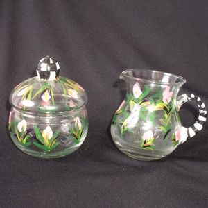 Sugar Bowl & Creamer Clear Glass w/Painted Flowers